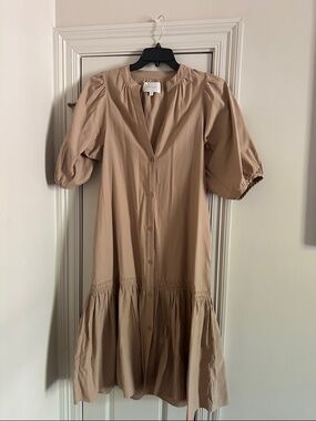 Brochu Walker Beige Button-Down Midi Dress with Puff Sleeves